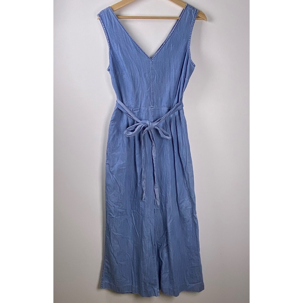 JCrew Sleeveless Chambray VNeck Jumpsuit 6 Blue Wide Leg Boho Back Cut Out Boho